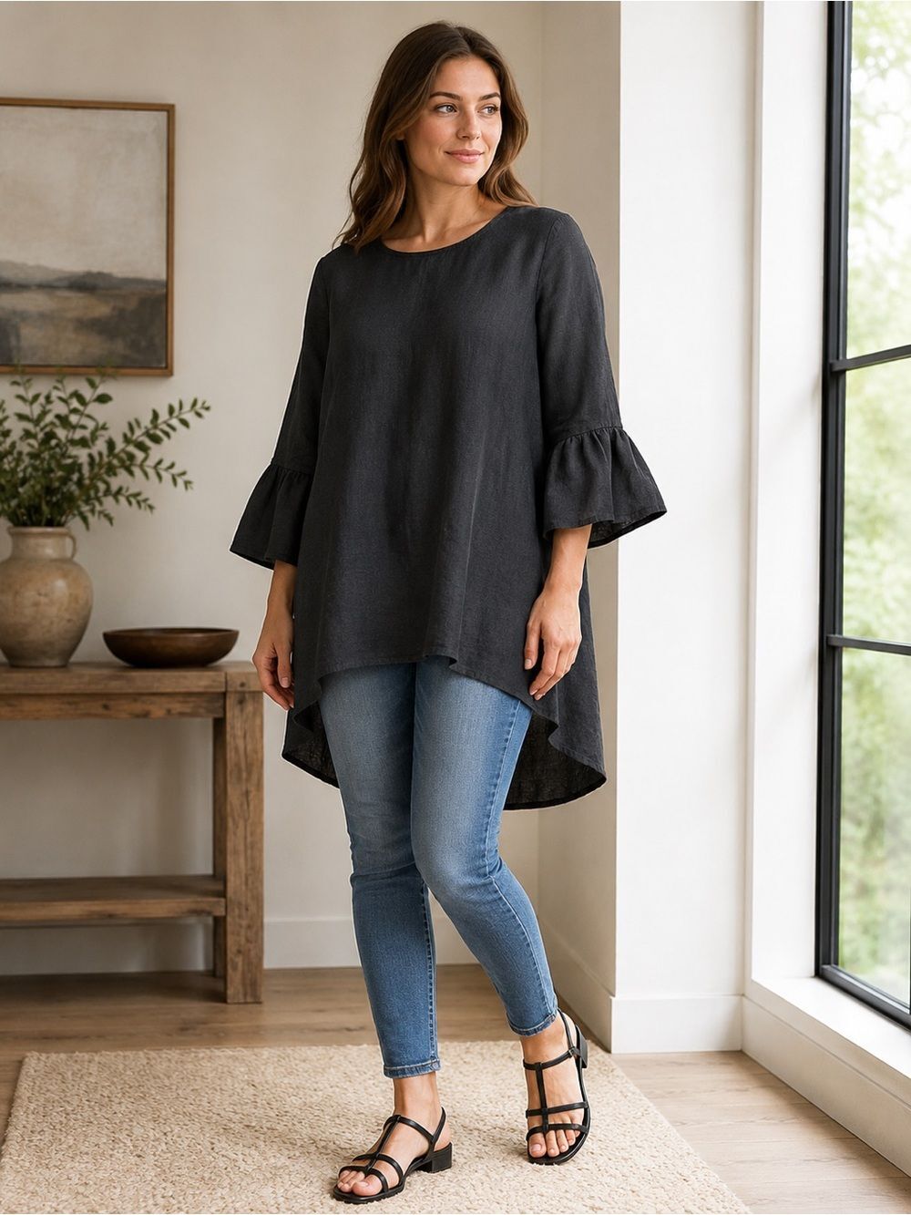 Crown Linen Designs Black 100% Linen High Low Tunic Blouse L Bella Bell Slevee